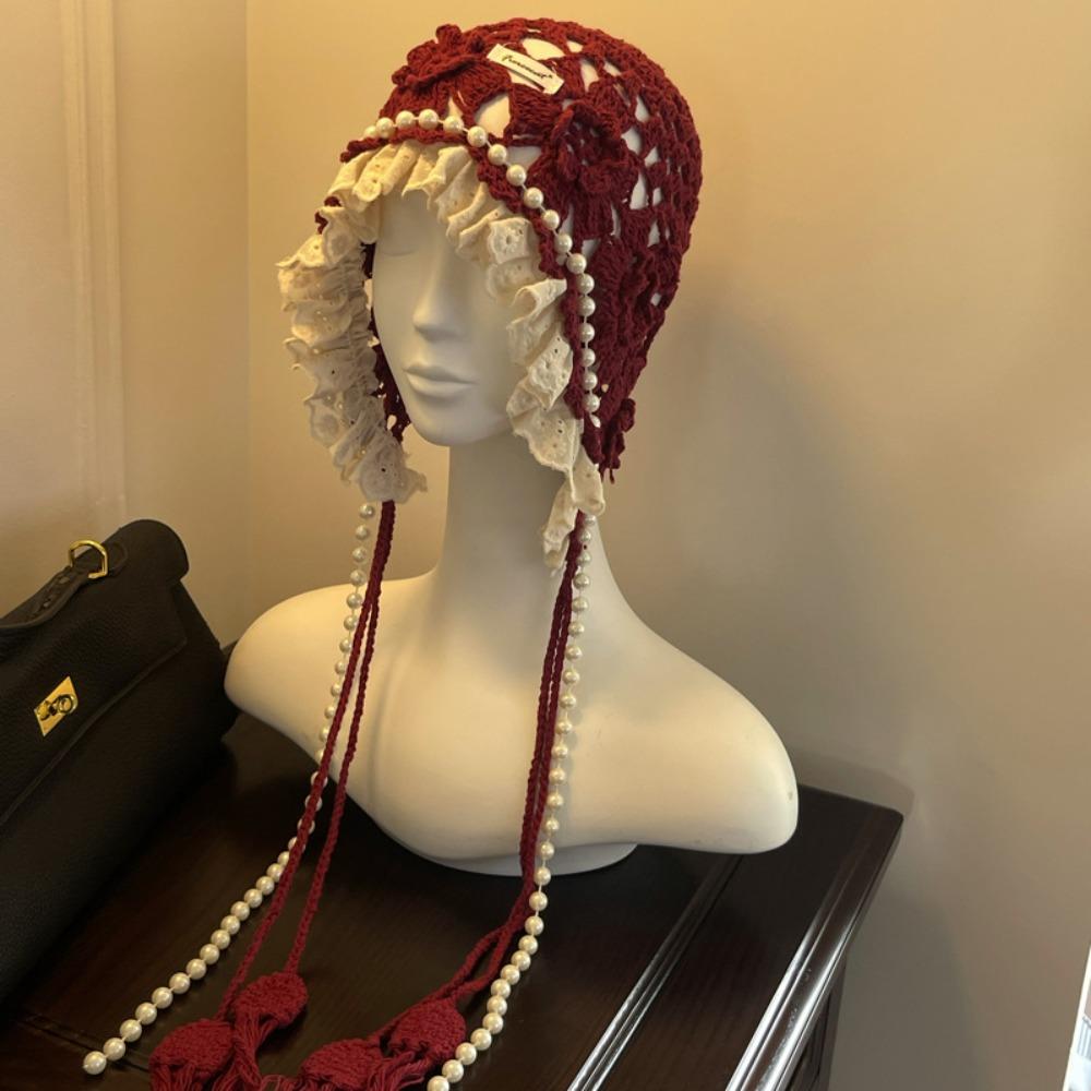 Pearl Tassels Crochet Flower Knitted Hat Bohemian Style Weave Cap Cute Lace Beanies  Outdoor