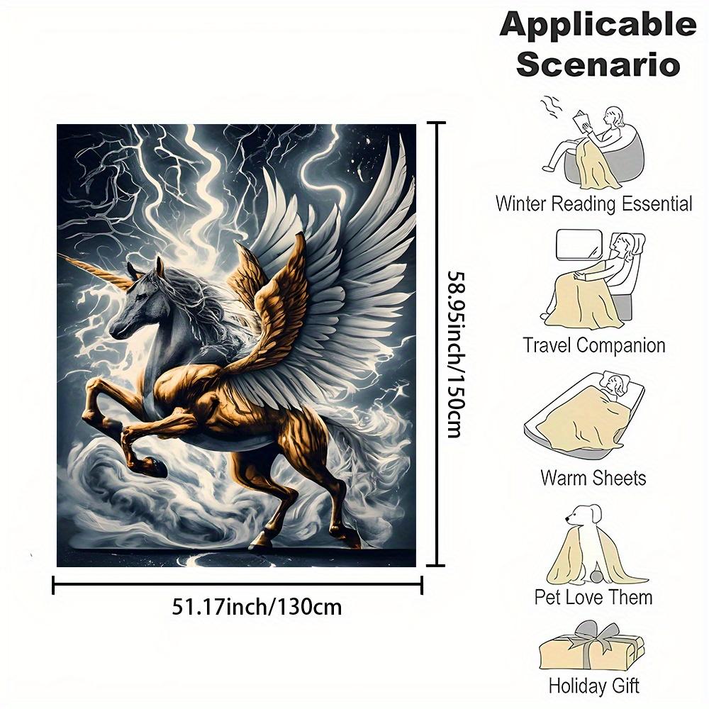 Pegasus Unicorn With Thunderstorm Print, All-Season Soft Fleece Throw Blanket, Polyester Flannel, Reversible, Cont