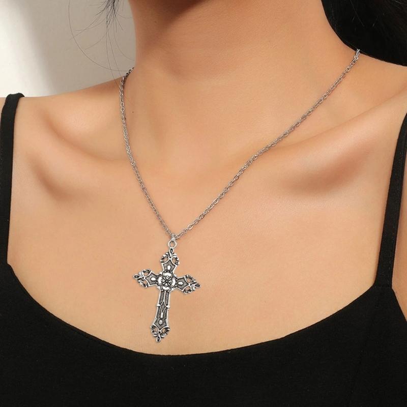 Church Crucifix Necklace Gothic Party Jewelry Pendant Necklace Vintage Alloy Indie Punk Choker Sweater Chain for Women