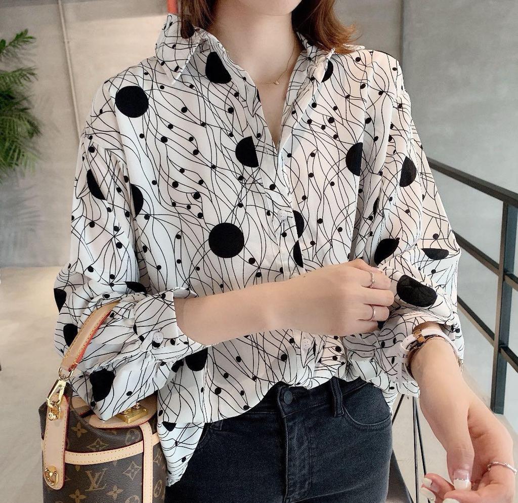 Retro Hong Kong Style Women's Print Blouse - 2025 Spring/Autumn Collection, Loose Fit, Lazy Style Shirt