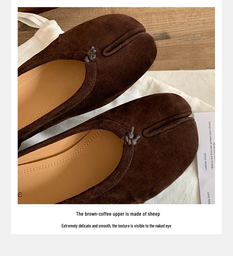 Grape Mom 4cm Lift Sheepskin Ballet Flats, Chunky Heel Split Toe Women's Autumn Shoes.