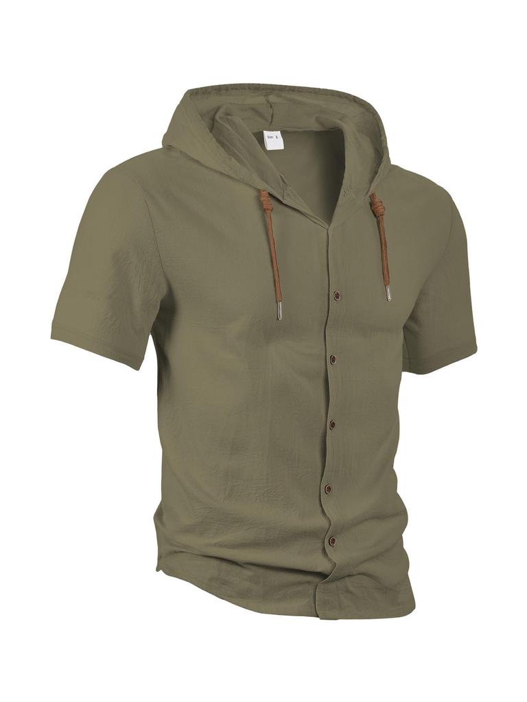 Men's Casual Lightweight Cotton Linen Short-Sleeve Hoodie Cardigan
