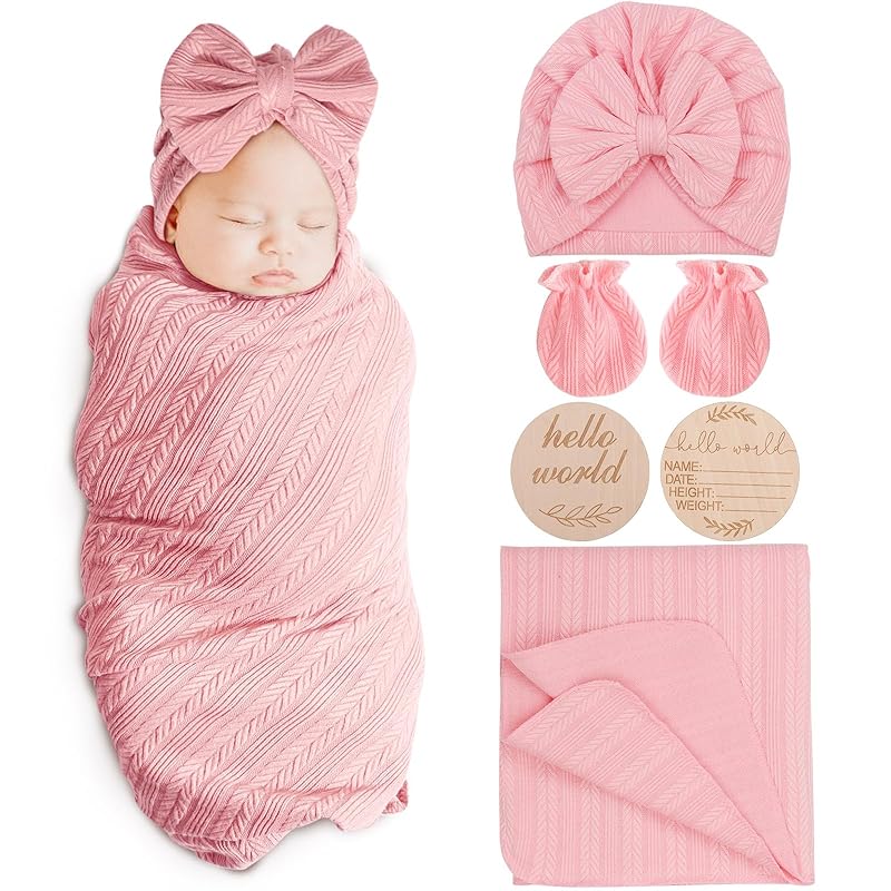 Newborn Receiving Blanket with Bow Hat Mittens Wooden Card Set Wheat-Pattern Newborns Toddler Baby Boy Girl Nursery Swaddle Wrap
