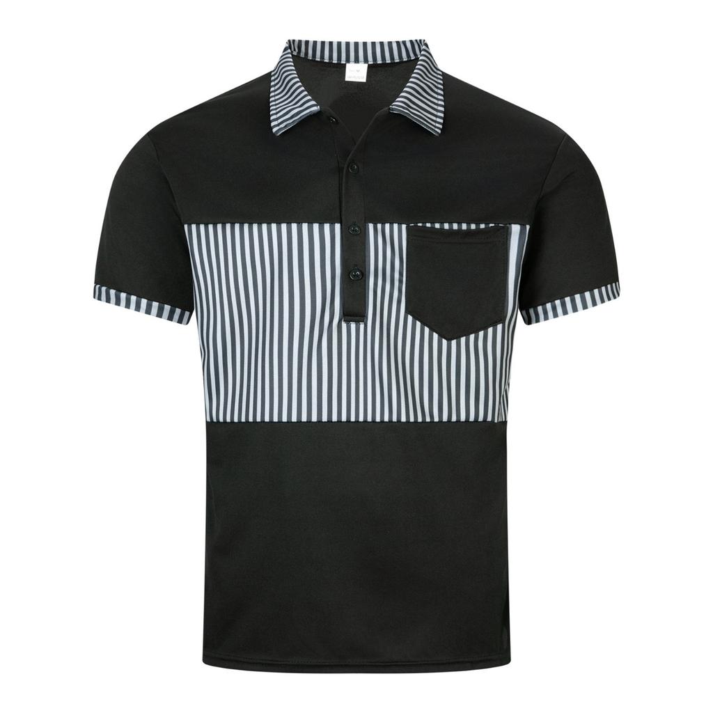 New men's casual POLO shirt pockets buttons long placket lapel striped matching colour splicing T-shirt tops