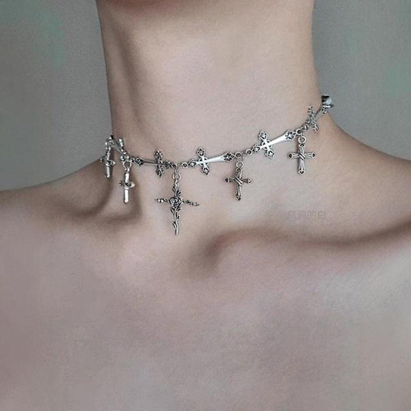Dark Cross Necklace Gothic Style Necklace Cool and Trendy Trendy Men s and Women s Punk Original Collarbone Chain Jewelry Gift серебряный