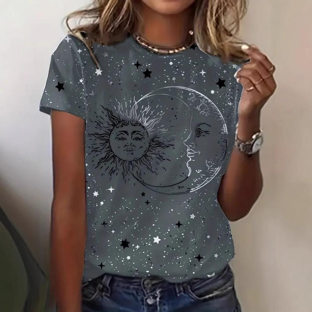 Summer Round Neck 3D Sun and Moon Print Top Fashionable Casual Short Sleeved Women's T-shirts