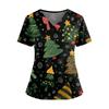 Women's Christmas Printed V-Neck Double Pocket Short Sleeves Hem Slit  Uniform Caregiver Top