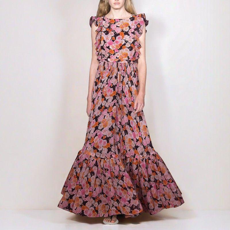 

Leaf Sleeve Floral Long dress Slim fit Covering Meat Waist Hugging Dress Dopamine Tight Waist Skirt European and American Adult Lady like Woman Skirt Flower color S