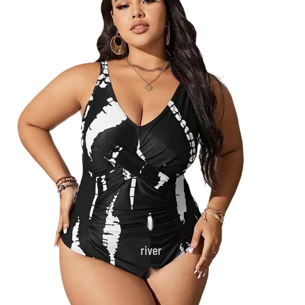 European & American 2024 Plus Size Printed Halter Backless Ruched Bikini for Women