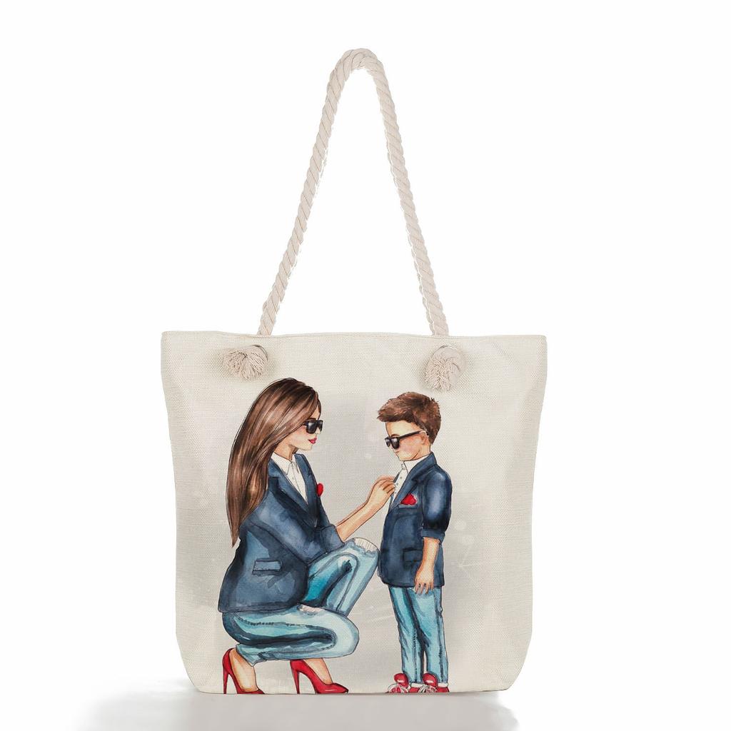 Multifunctional Mom Series Printed Thick Rope Shoulder Beach Bag Casual Large Capacity Handbag 7617