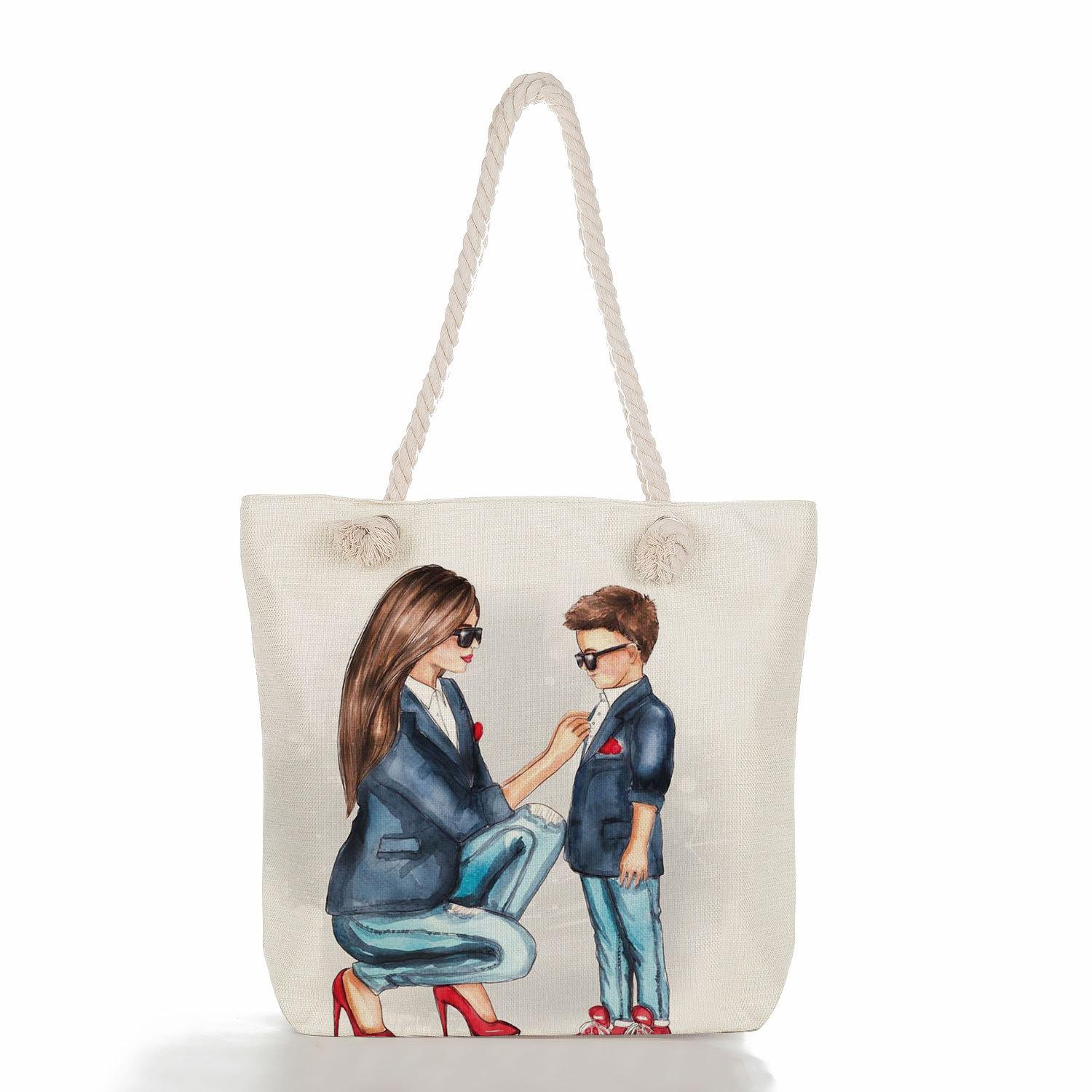 

Multifunctional Mom Series Printed Thick Rope Shoulder Beach Bag Casual large capacity handbag 7617