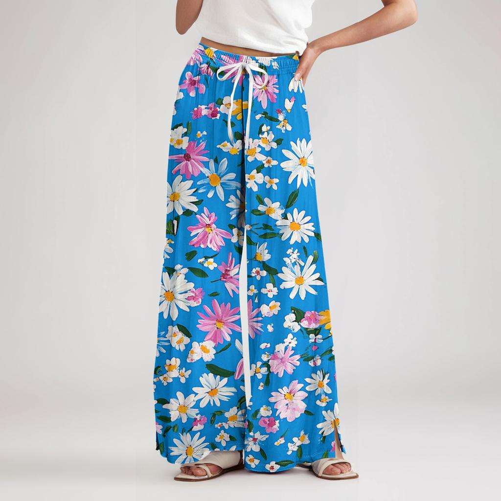 Women's Loose Casual Floral Print Wide Leg Pants With Elastic Waist Drawstring And Pocket Pants