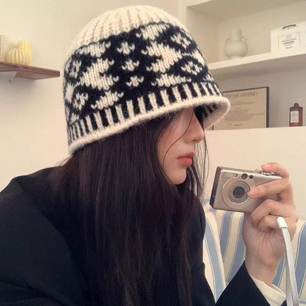 Korean Windproof Fisherman Hat Coldproof Warm Knitted Beanie With Ear Protection Retro Diamond Shaped Checkered Pullover Cap