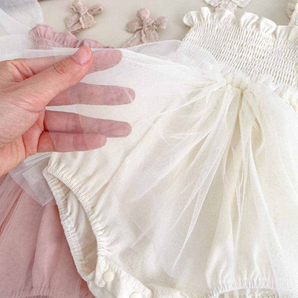 Baby Girl Summer Bow Strap Romper with Tulle Dress for 100 Day and 1st Birthday