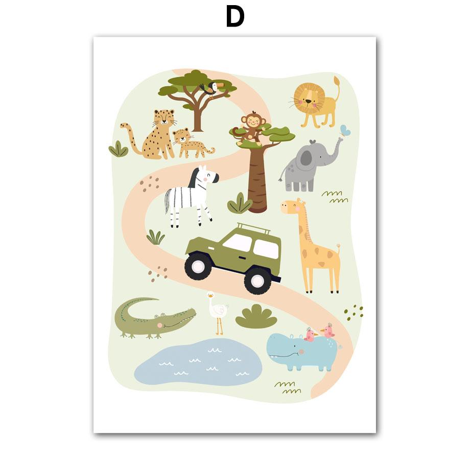 Cute Giraffe Elephant Lion Monkey Car Rainbow Wall Art Canvas Painting Cartoon Posters And Prints Pictures Baby Kids Room Decor