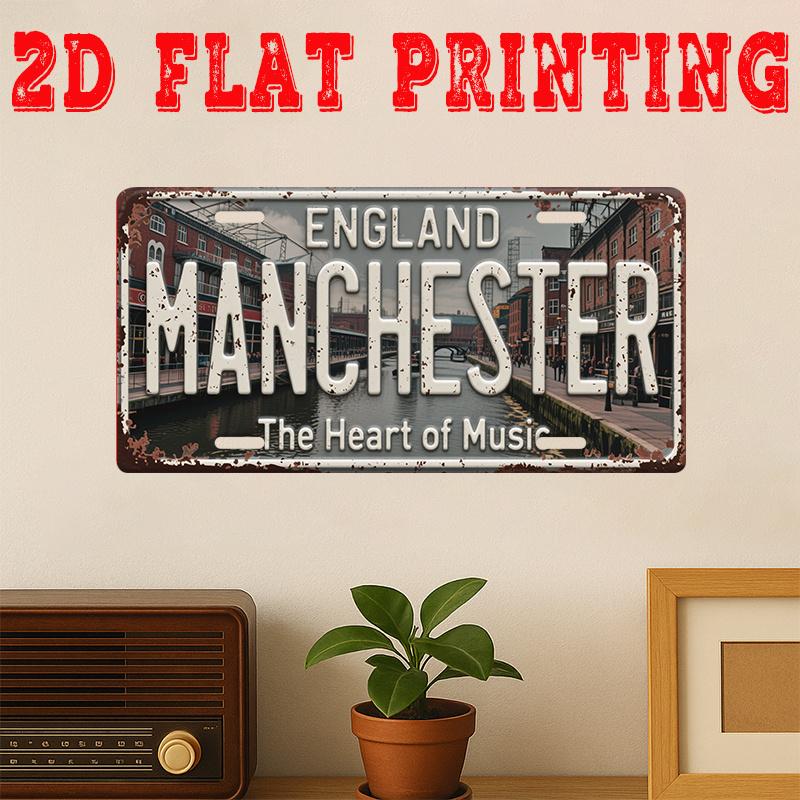 Hisun Tin Sign HD Aluminum Metal Sign Manchester England The Heart of Music Vintage License Plate Style Wall Decor Retro Canal Cityscape Desi 15x30cm