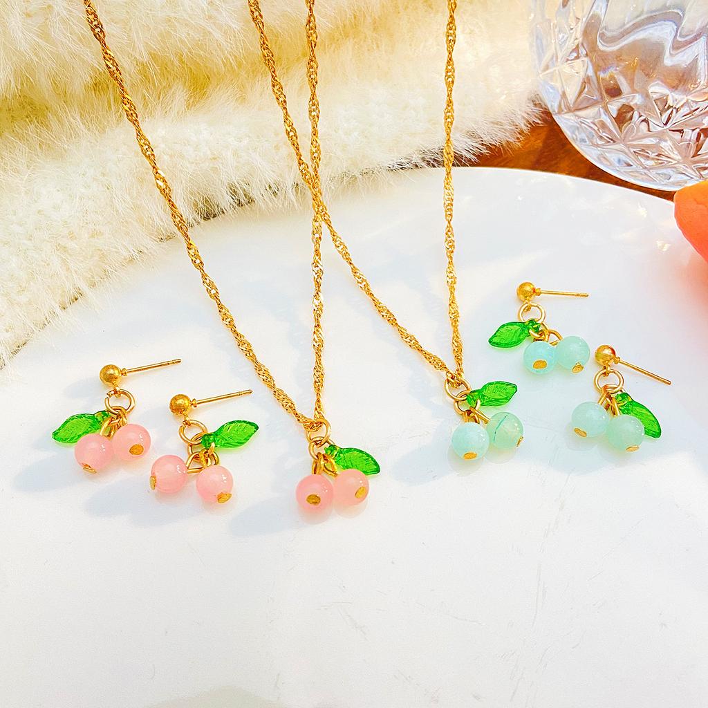 Red Sweet Cherry Clavicle Chain Necklace and Earrings Women's Summer Fashion Green Leaf Pink Cherry Fruit Pendant Zircon Set