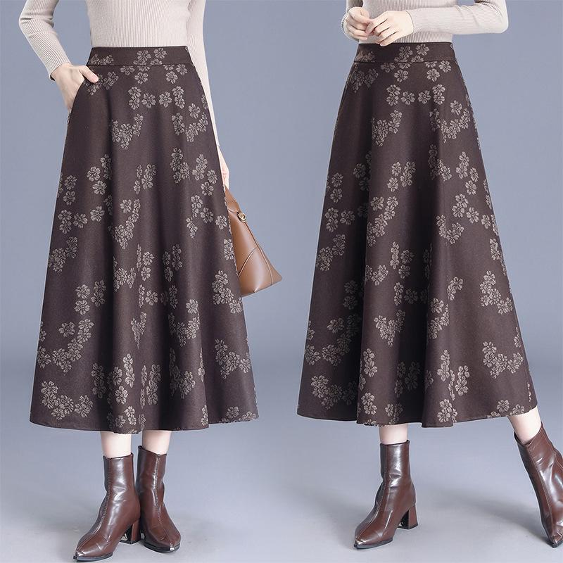 2025 Spring A-Line Skirt: Wool Front, Lace Back, Half-Elastic Waist, Long Skirt.