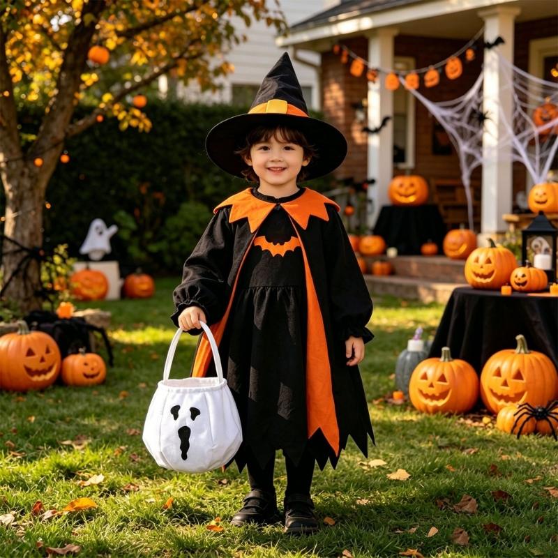 Classroom Halloween Bag White Fabric Candy Gift Bag with Carry Handle 22 x 13 cm for Holiday Treat Use at School
