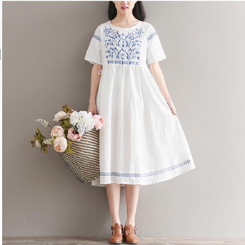 Linen Midi Dress For Women Women's Casual Loose Embroidered Linen Dress -  Knee-Length Midi Dress With Flower Embroidery For Summer Knee Length Midi  Dress