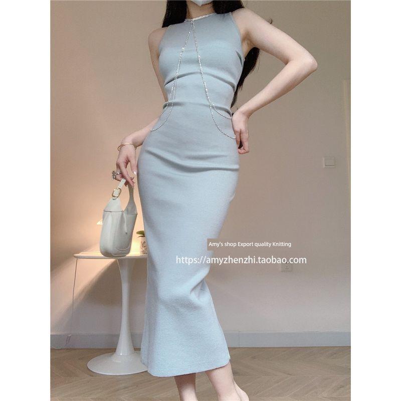 

Amy s Store Export Quality Sleeveless Knitted Dress 2024 New Arrival Waist-Tight Slim Looking Ruched Long Knitted Dress Grey XS
