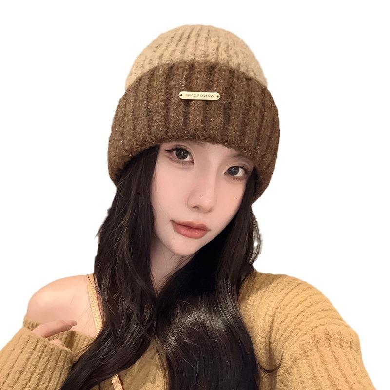 Women's Wool Hat with Autumn and Winter Versatile Big Head Wool Knitted Hat Showing Face Small Loose Thickened Warm Ear Protection Cold Hat