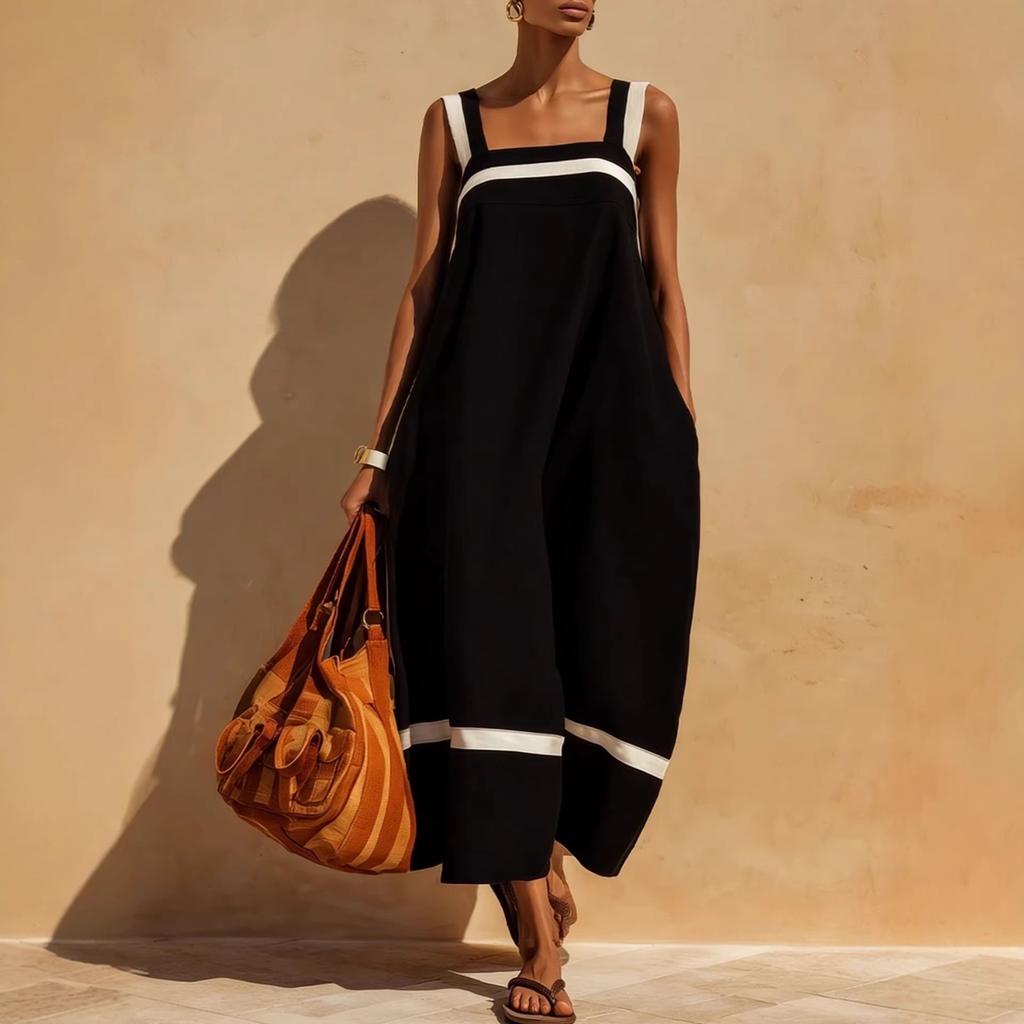 New summer European and American style literary women's clothing short-sleeved one-word collar suspender skirt loose dress