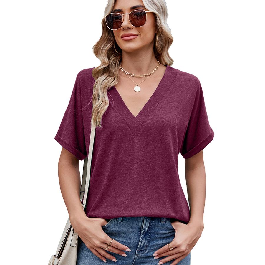 Women's Spring Summer New Arrivals Solid V-Neck Loose Short Sleeve T-Shirt Top