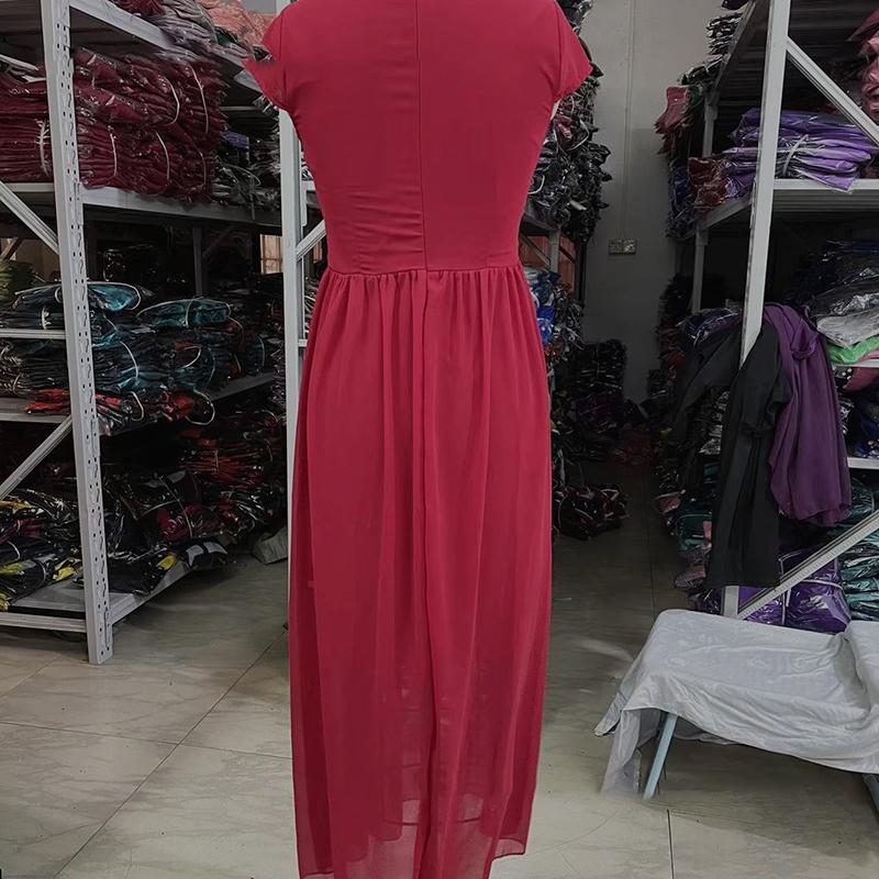 Women's Fashion V Neck Short Sleeve Evening Party Dress Solid Long Cocktail High Waist Summer Dresses