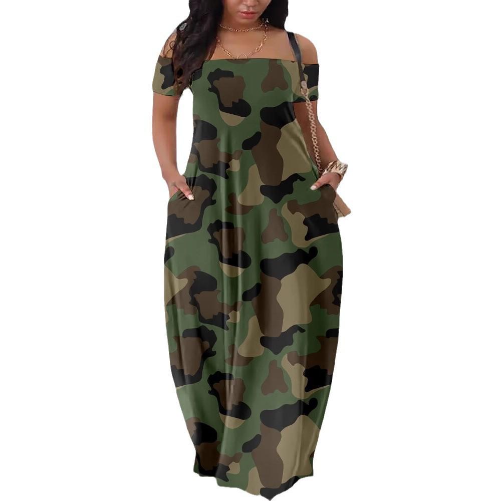 European & American Women's Casual Off-Shoulder Sexy Print Dress