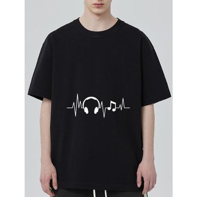 Schwarzes T-Shirt mit Kopfhörern und Musiknoten-EKG-Muster für Freizeitkleidung