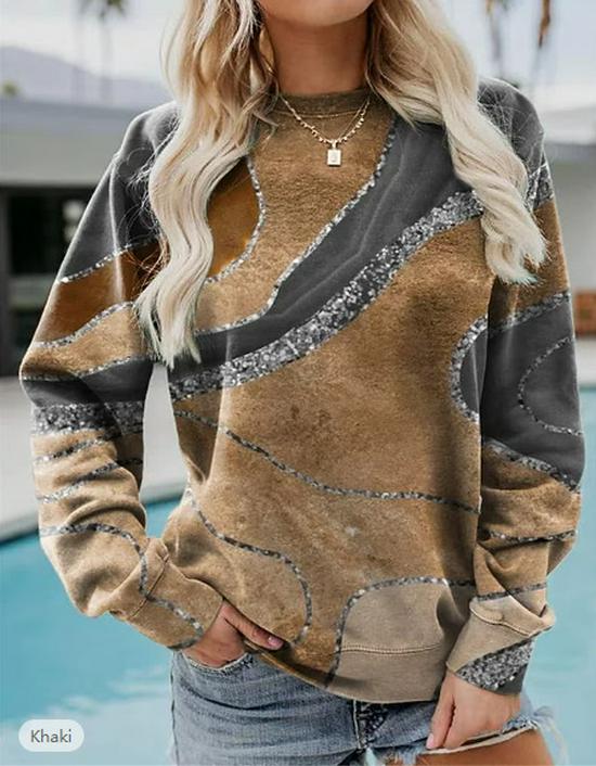 Ethnic-Style Japanese Mallow Wave Print Sweatshirt with Round Collar - 2024 Autumn/Winter Collection