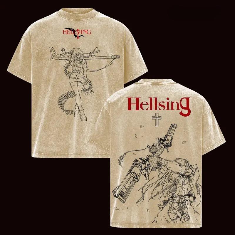 Anime Hellsing Alucard Graphic T Shirt Men Casual Short Sleeve Clothing Oversized Tshirt Washed Cotton Tee Harajuku Male T-shirt