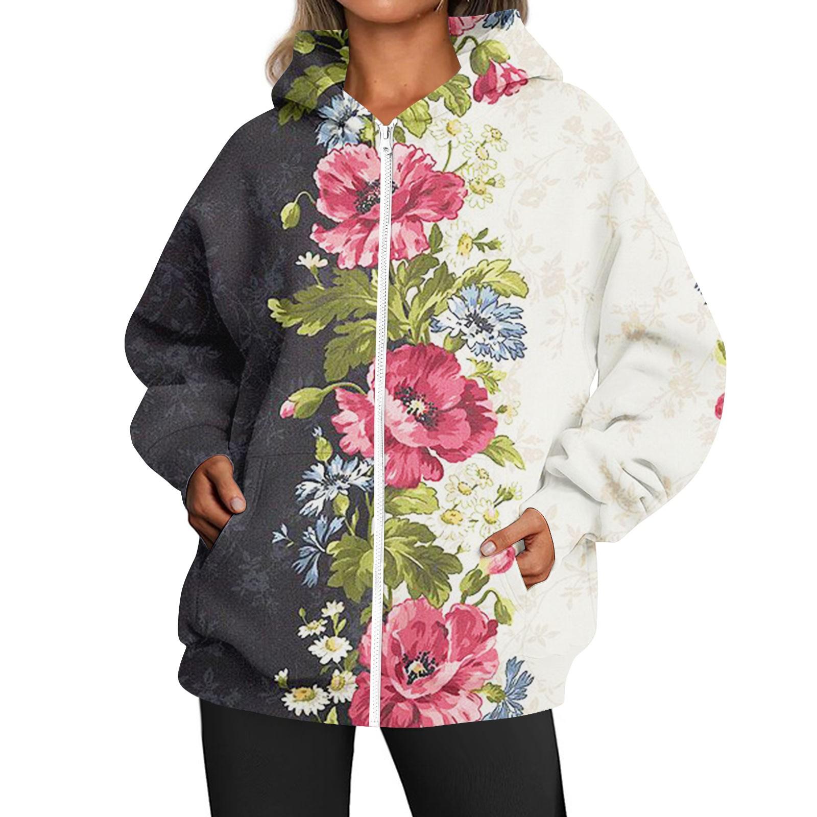 

Женская мода свободного покроя повседневное повседневное пальто с длинными рукавами и капюшоном на молнии с принтом XXXXXL чёрный