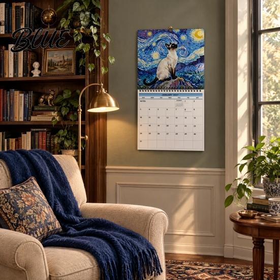 Pet Themed Daily Planner 2027 Oil Painting Cat Wall Calendar 12 Month Funny Planner Jan-Dec Creative Gifts for Women Men Spiral Bound Hanging