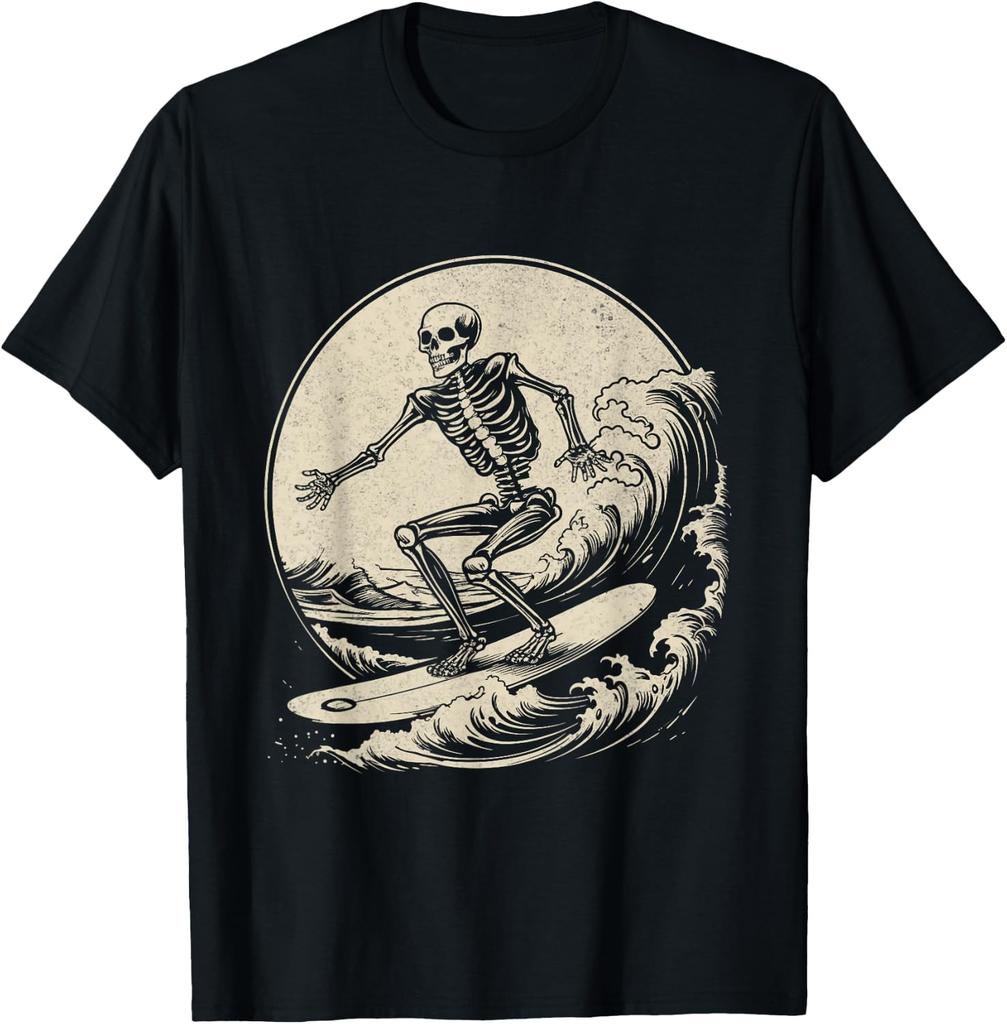 Skeleton Surfer Vintage Big Wave Surfing Funny Halloween T-Shirt