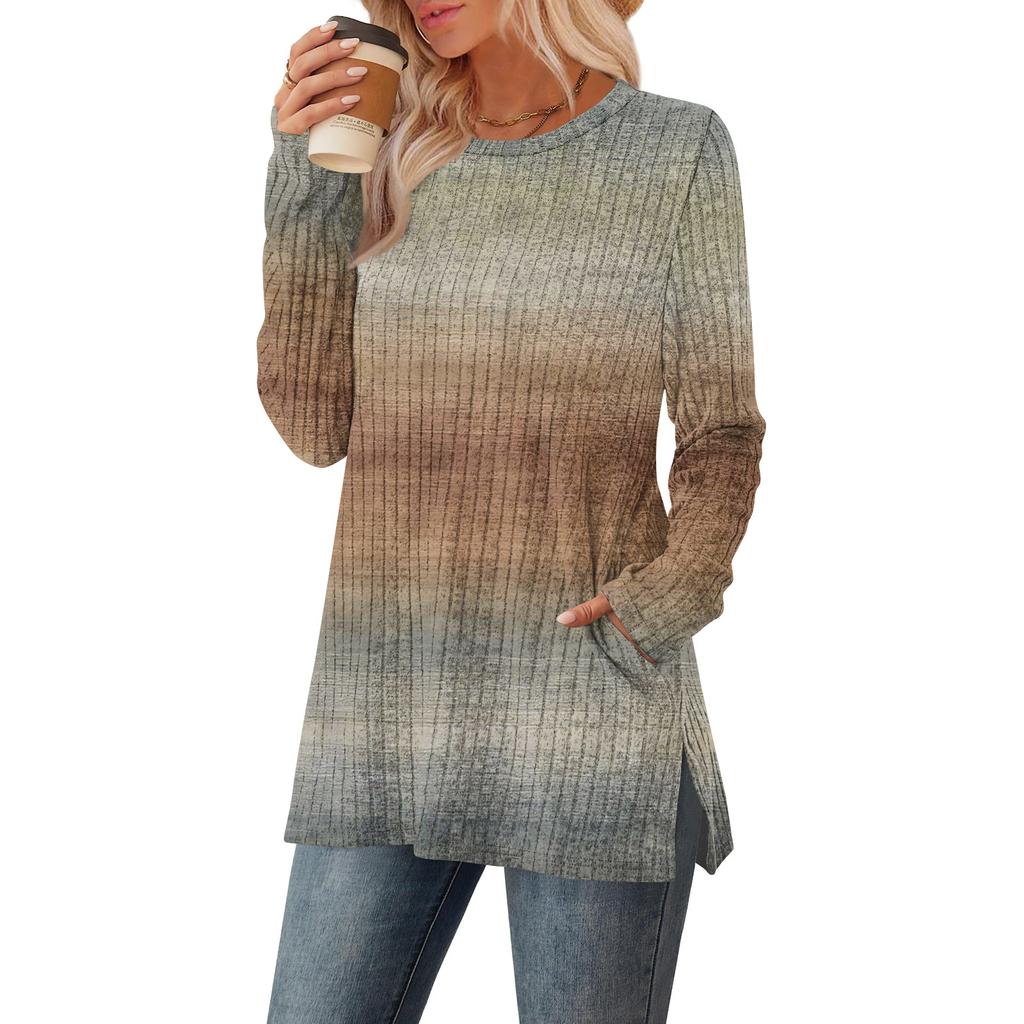 Womens Sweaters Crewneck Long Sleeve Shirts With Pockets Fall Outfits  Fashion Winter Clothing Side Slit