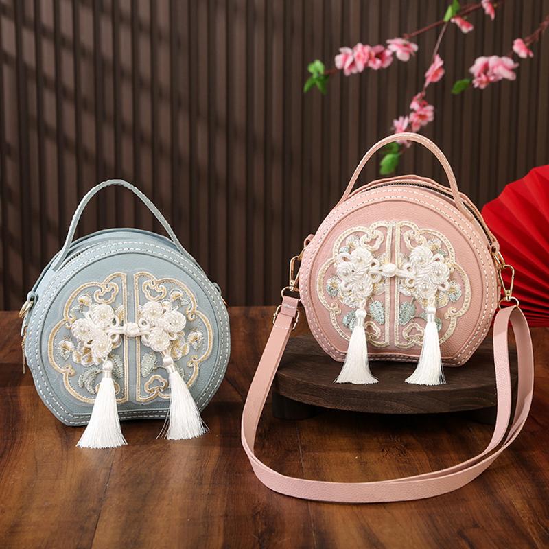 Chinese Style National Style Bag For Women  Versatile Niche Embroidered Messenger Bag Portable High-Capacity Round Bag