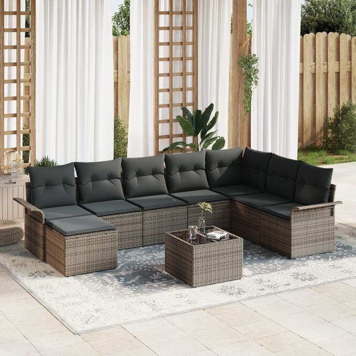 VidaXL Ensemble de Canapés de Jardin 8 Pièces avec Coussins Gris Poly Rattan 3345489