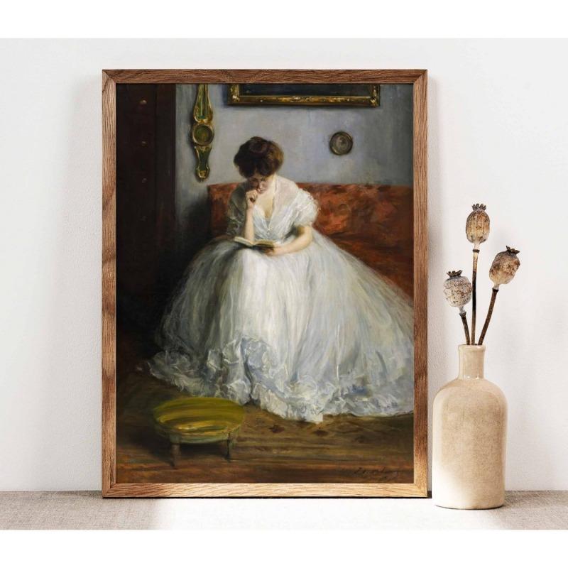 Vintage European Portrait of a Reading Lady Art Print Retro Aesthetic Woman In Beautiful Light Dress Canvas Painting Home Decor
