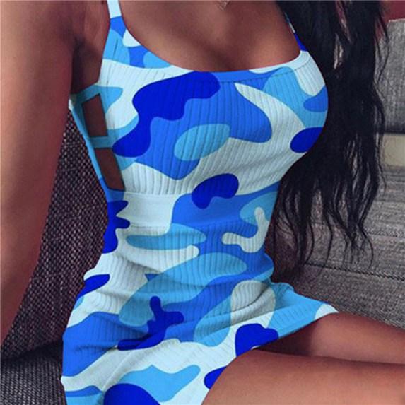Womens Fashion Sleeveless Camouflage Print Bandage Package Hip Mini Dress Slim Fit Skinny Casual Pencil Dress