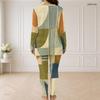 Women Plus Size Blue Yellow White Abstract Printed Front Zipper Long Sleeve Longline Top Fitted Pants Two Piece Set