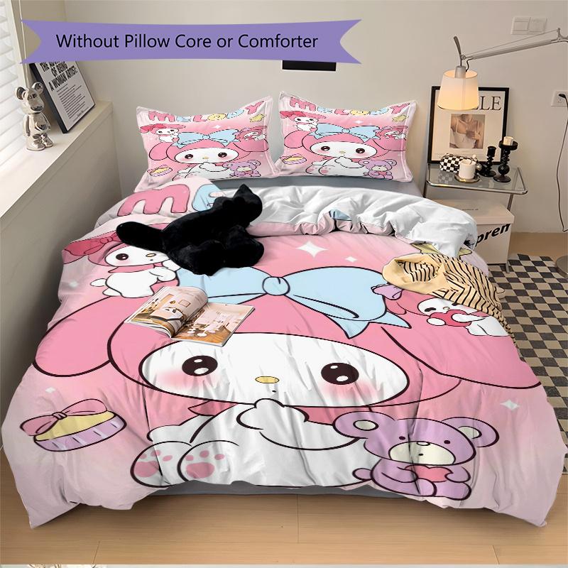 3pcs Pink Cute My Melody Sanrio Printed Bedding Set, Soft and Comfortable Quilt Cover for Bedroom, Guest Room (1 Duvet Cover + 2 Pillowcases