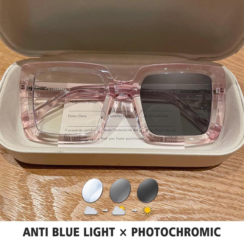 BLMUSA Square Photochromic Blue Light Blocking Large Frame Eyeglasses fashion Reading Glasses ladies Prescription Myopia Glasses
