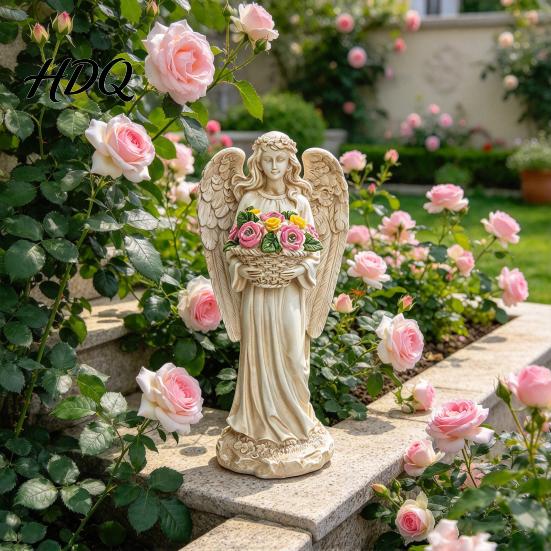 Automatic Night Light for Patio Retro Solar Angel Statue Resin Garden Light Decorative Memorial Sculpture with Flower Basket Outdoor Yard