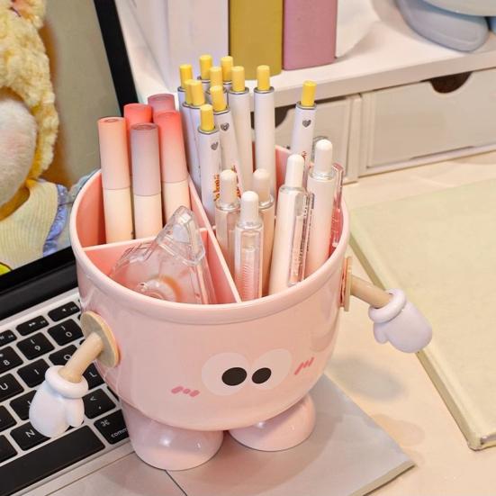 Pen Holder Cartoon Design Macaron Color Desk Organizer Large-capacity Partitioned Desk Caddy Home Office School Decor