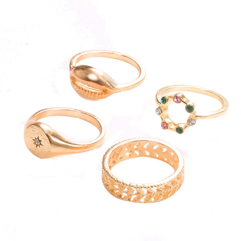 Fashion Hollow Carving Shell Ring Color Diamond Ring 4-Piece Set Ring Women