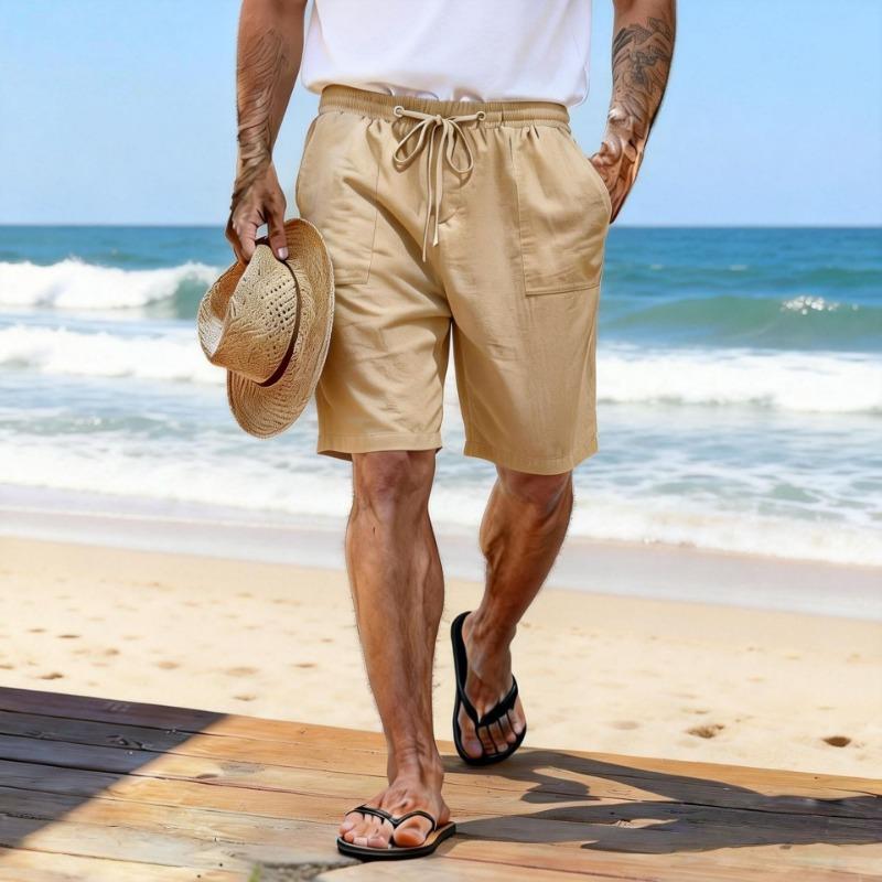 Pantaloncini in Cotone e Lino Coulisse Vita Elastica Gamba Dritta Monocolore Traspiranti Quotidiani da Spiaggia Casual