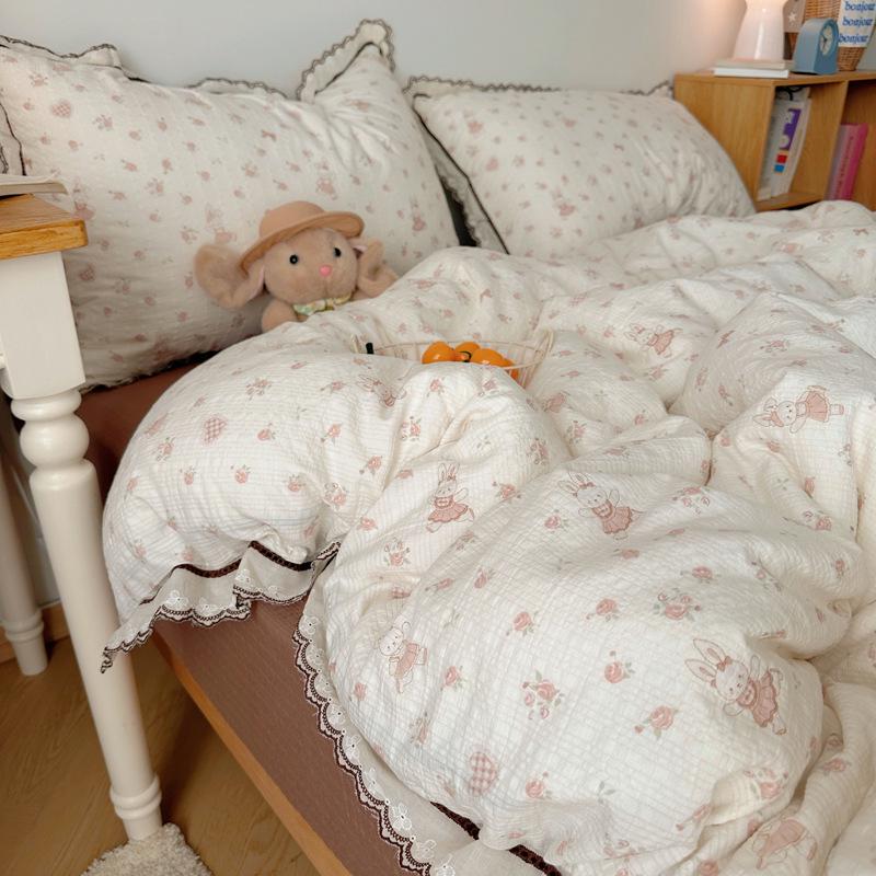 Korean French Style Hollow Lace Puff Cotton Bedding Set, Girly Duvet Cover - Available As 4-Piece or 3-Piece Set