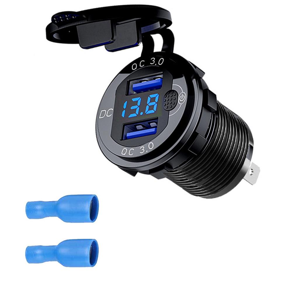 

Автомобильное зарядное устройство QC3.0 с двумя USB-портами для прикуривателя, водонепроницаемое, с переключателем вольтметра, адаптер для быстрой зарядки 12/24 В, автомобильные аксессуары синий